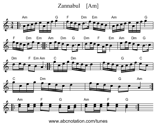 Zannabul    [Am] - staff notation