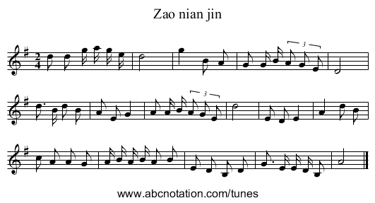 Zao nian jin - staff notation