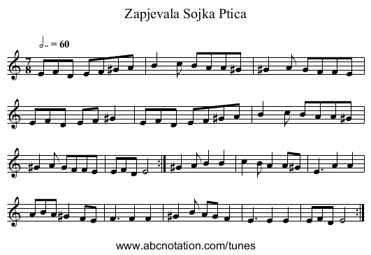 Zapjevala Sojka Ptica - staff notation