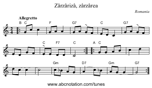 Zârzârizâ, zârzârea - staff notation