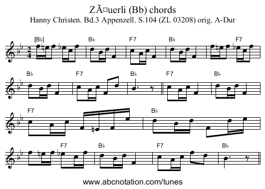 ZÃ¤uerli (Bb) chords - staff notation