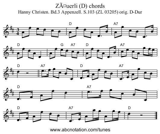 Zäuerli (D) chords - staff notation