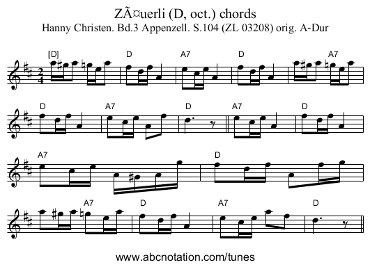 ZÃ¤uerli (D, oct.) chords - staff notation