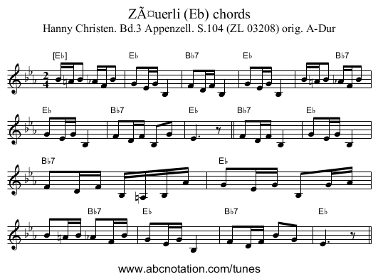 ZÃ¤uerli (Eb) chords - staff notation