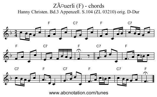 ZÃ¤uerli (F) - chords - staff notation