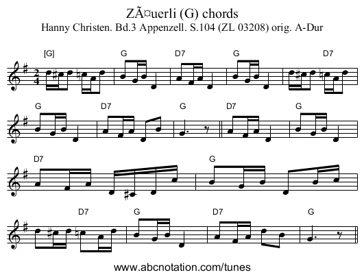 Zäuerli (G) chords - staff notation