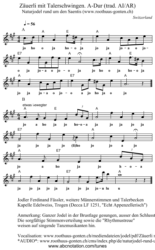 Zäuerli mit Talerschwingen. A-Dur (trad. AI/AR) - staff notation