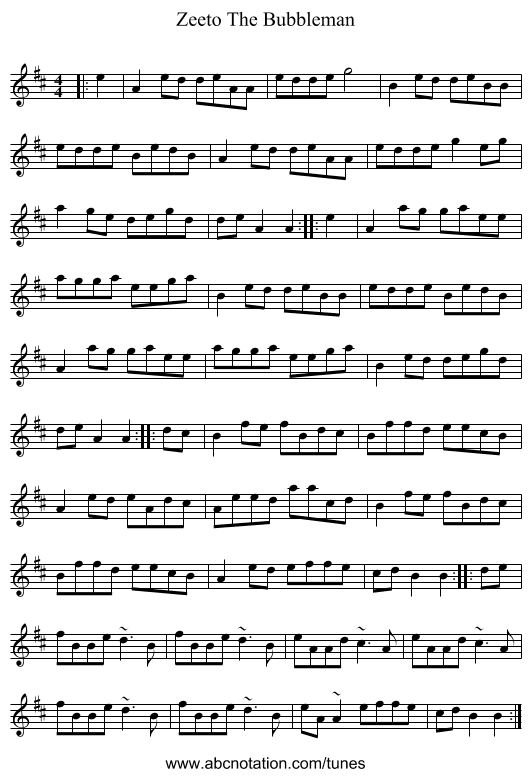 Zeeto The Bubbleman - staff notation