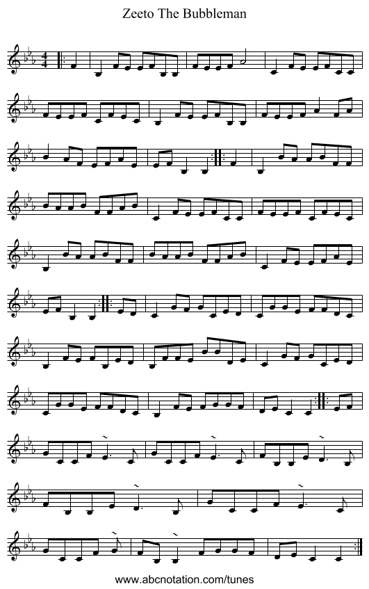 Zeeto The Bubbleman - staff notation