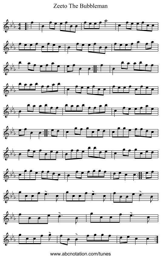 Zeeto The Bubbleman - staff notation