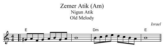 Zemer Atik (Am) - staff notation