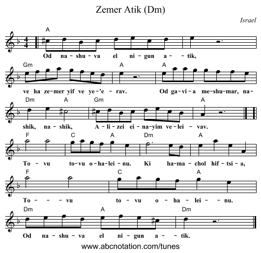 Zemer Atik (Dm) - staff notation