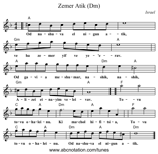 Zemer Atik (Dm) - staff notation