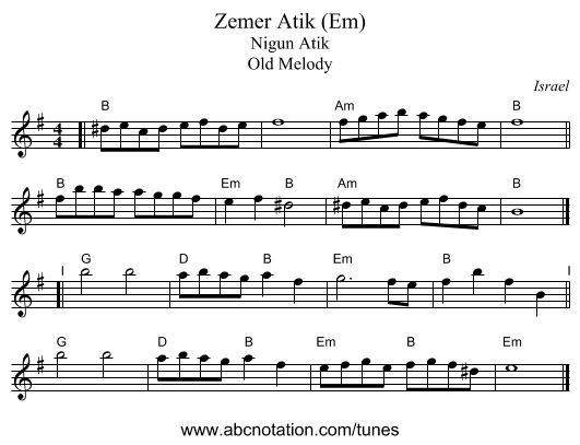 Zemer Atik (Em) - staff notation