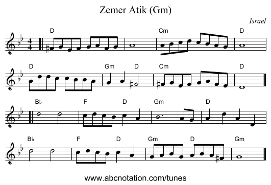 Zemer Atik (Gm) - staff notation