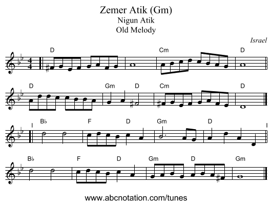 Zemer Atik (Gm) - staff notation
