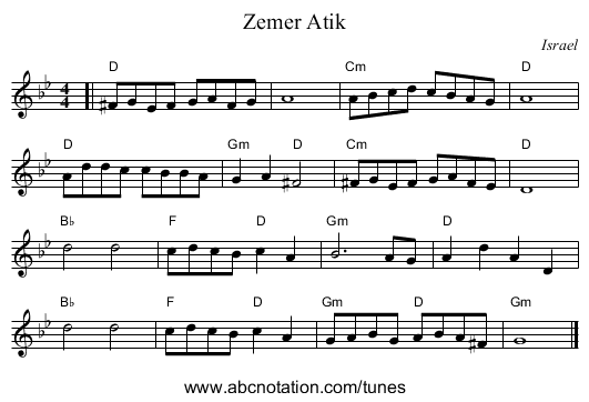 Zemer Atik - staff notation
