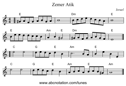 Zemer Atik - staff notation