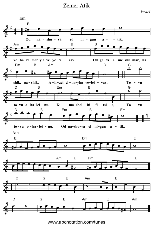 Zemer Atik - staff notation