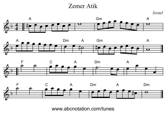 Zemer Atik - staff notation