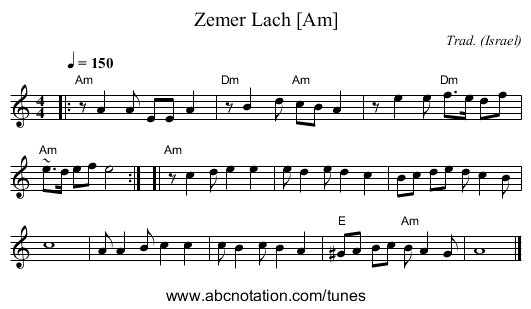 Zemer Lach [Am] - staff notation