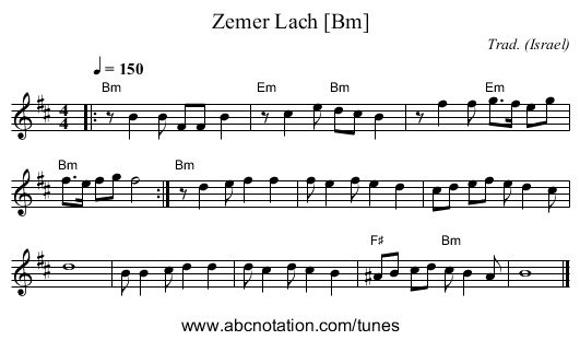 Zemer Lach [Bm] - staff notation