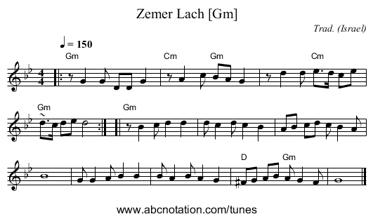 Zemer Lach [Gm] - staff notation