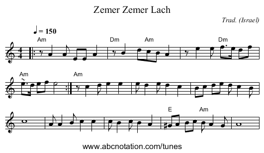 Zemer Zemer Lach - staff notation