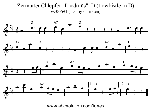 Zermatter Chlepfer Landmüs D (tinwhistle in D) - staff notation