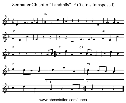 Zermatter Chlepfer Landmüs F (5letras transposed) - staff notation