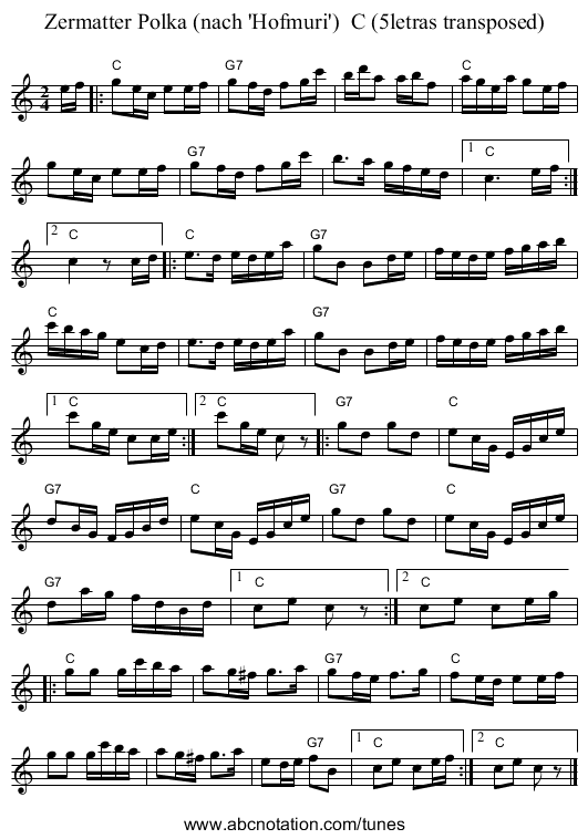 Zermatter Polka (nach 'Hofmuri')  C (5letras transposed) - staff notation