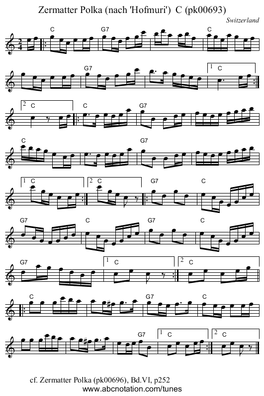Zermatter Polka (nach 'Hofmuri')  C (pk00693) - staff notation
