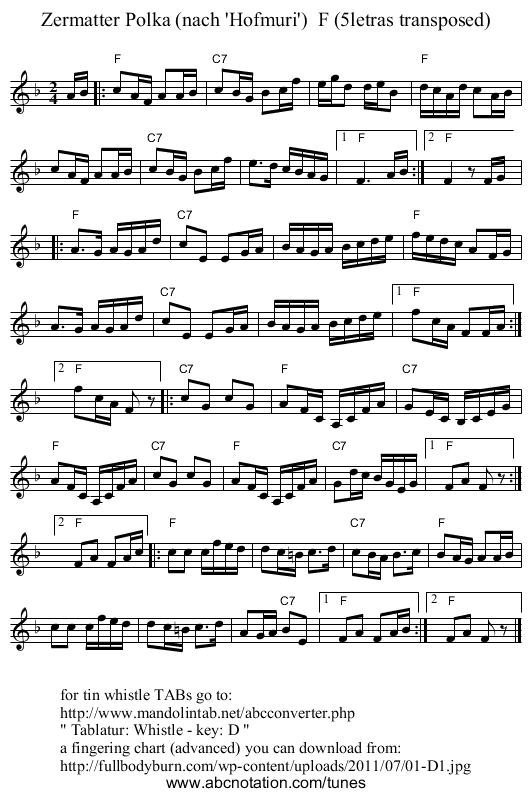 Zermatter Polka (nach 'Hofmuri')  F (5letras transposed) - staff notation