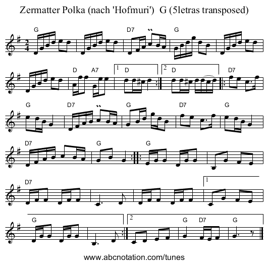 Zermatter Polka (nach 'Hofmuri')  G (5letras transposed) - staff notation