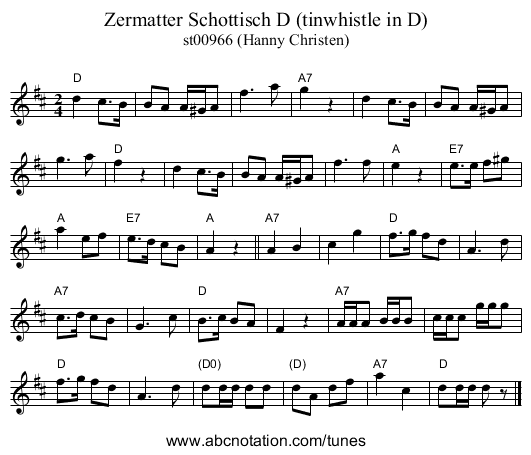 Zermatter Schottisch D (tinwhistle in D) - staff notation