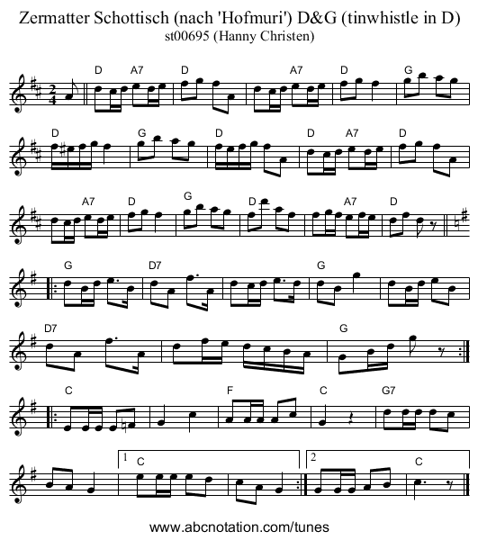 Zermatter Schottisch (nach 'Hofmuri') D&G (tinwhistle in D) - staff notation