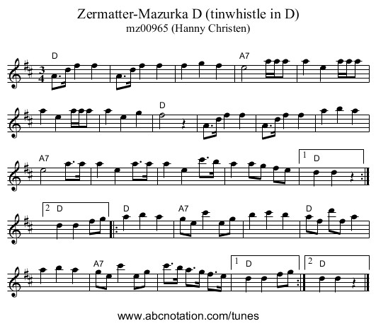 Zermatter-Mazurka D (tinwhistle in D) - staff notation