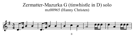 Zermatter-Mazurka G (tinwhistle in D) solo - staff notation