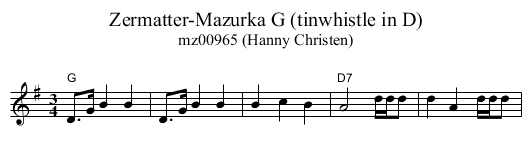 Zermatter-Mazurka G (tinwhistle in D) - staff notation