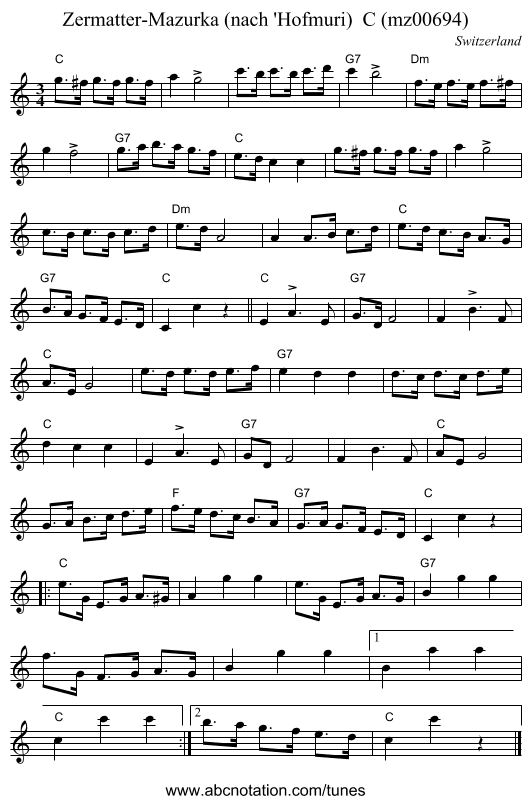 Zermatter-Mazurka (nach 'Hofmuri) C (mz00694) - staff notation