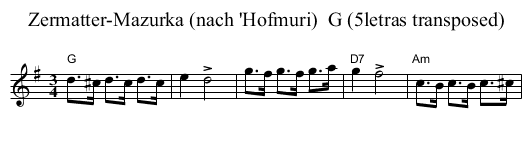 Zermatter-Mazurka (nach 'Hofmuri)  G (5letras transposed) - staff notation