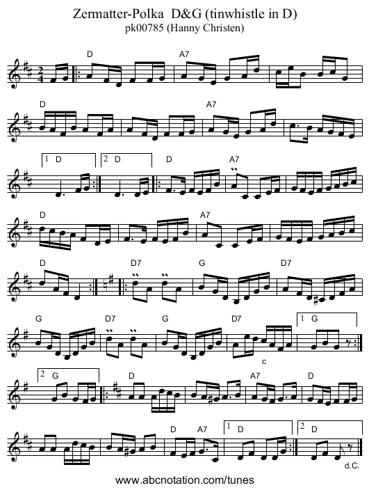 Zermatter-Polka D&G (tinwhistle in D) - staff notation