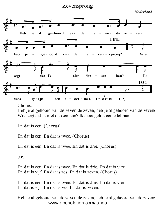 Zevensprong - staff notation
