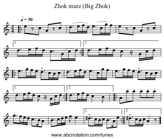 Zhok mare (Big Zhok) - staff notation