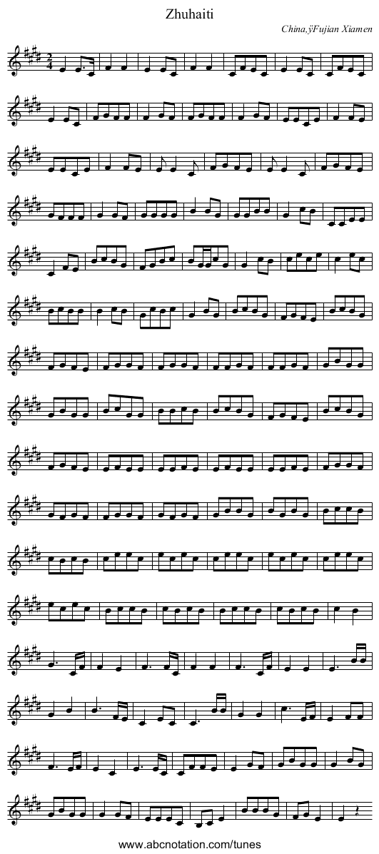 Zhuhaiti - staff notation