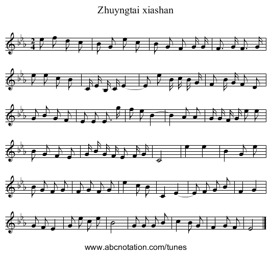 Zhuyngtai xiashan - staff notation