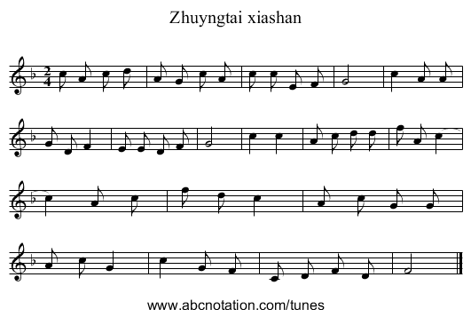 Zhuyngtai xiashan - staff notation