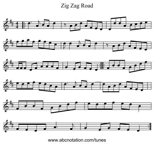 Zig Zag Road - staff notation