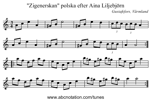 Zigenerskan polska efter Aina Liljebjörn - staff notation