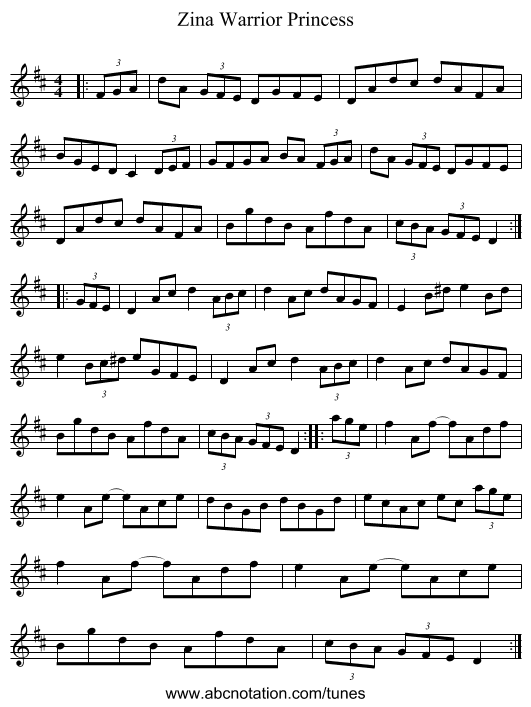 Zina Warrior Princess - staff notation
